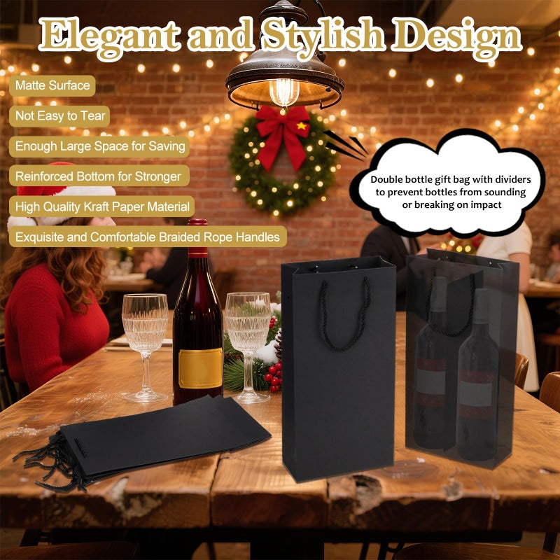 CUGBO 12 Pack 2 Bottles Wine Carrier Tote Holders, Black Paper Wine Champagne Gift Bottle Carrying Bags with Handles for Christmas Business Wedding Baby Shower - Image 4